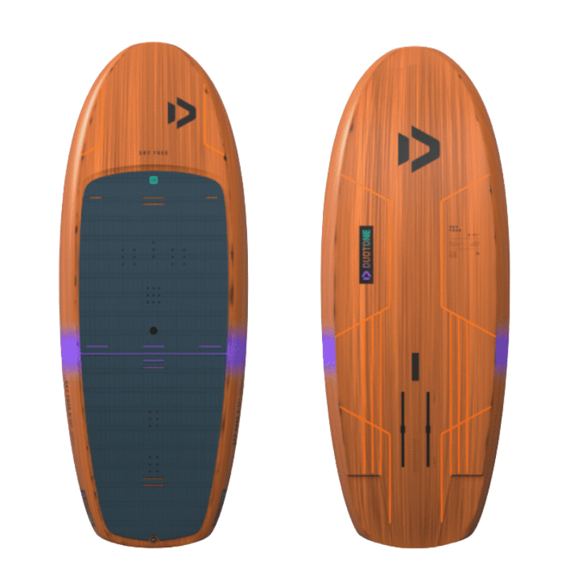 orange wing foil board with purple accent stripe