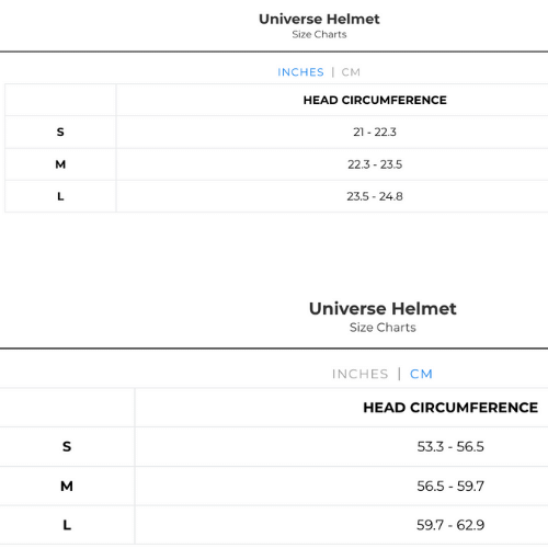 Universe Helmet Size Chart
